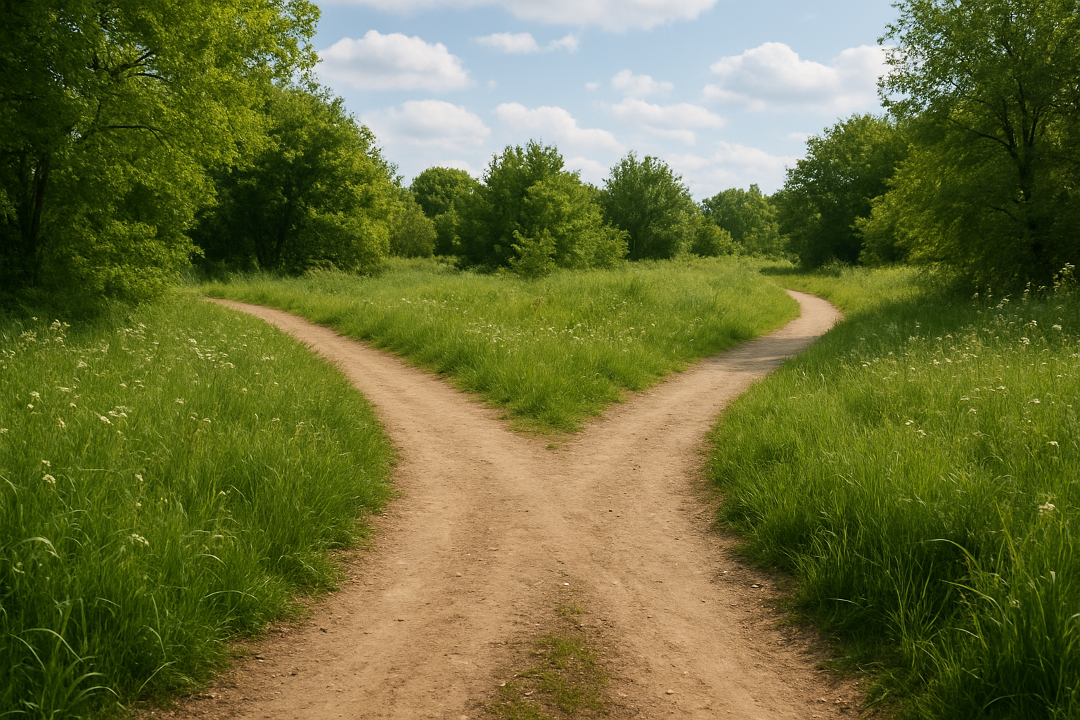 A fork in a dirt path surrounded by greenery under a blue sky
