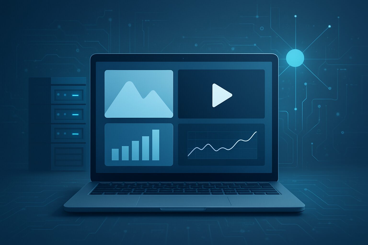 A laptop displaying various media content and analytics on the screen with a circuit-themed background.