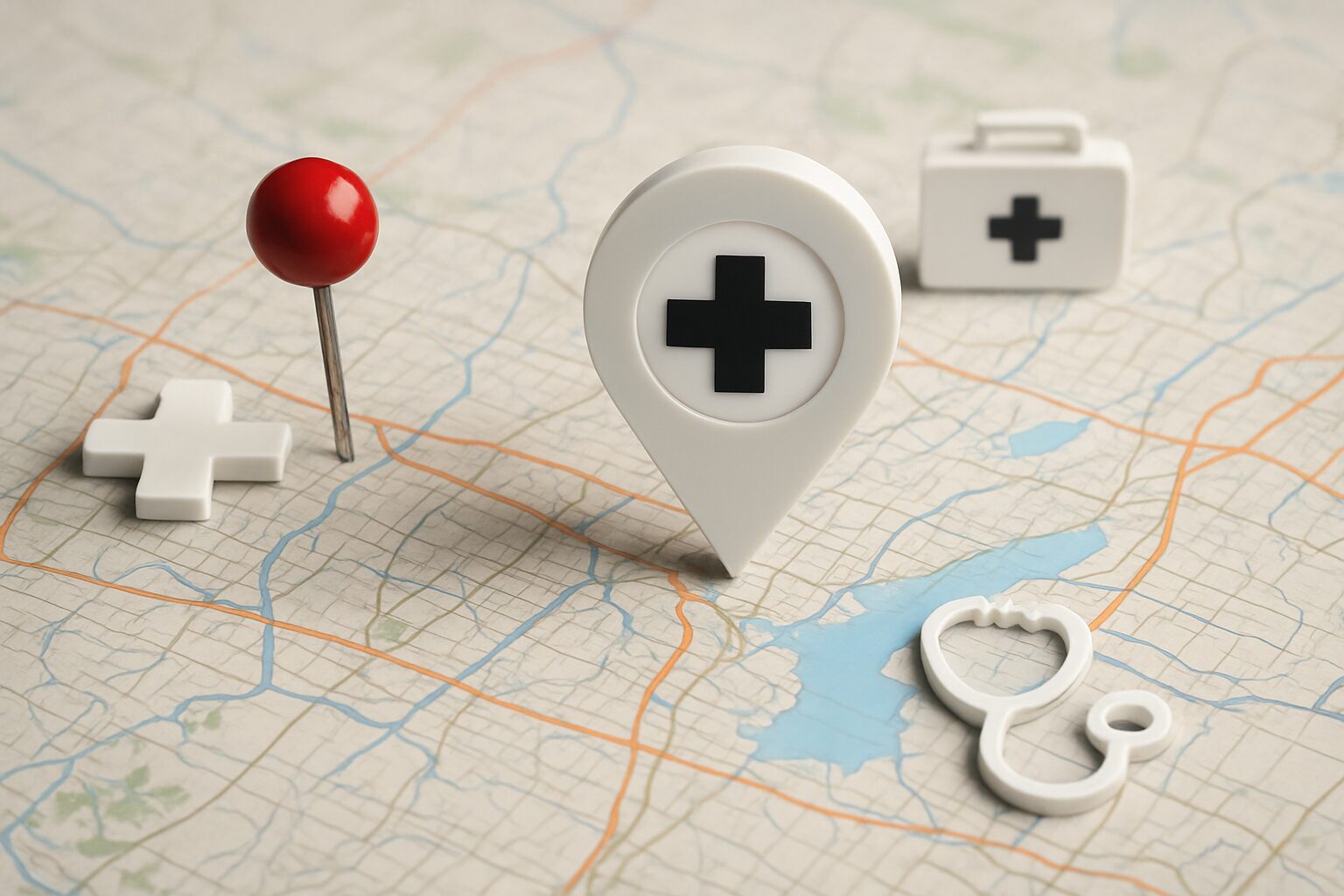 A close-up view of medical symbols on a map, representing healthcare locations.