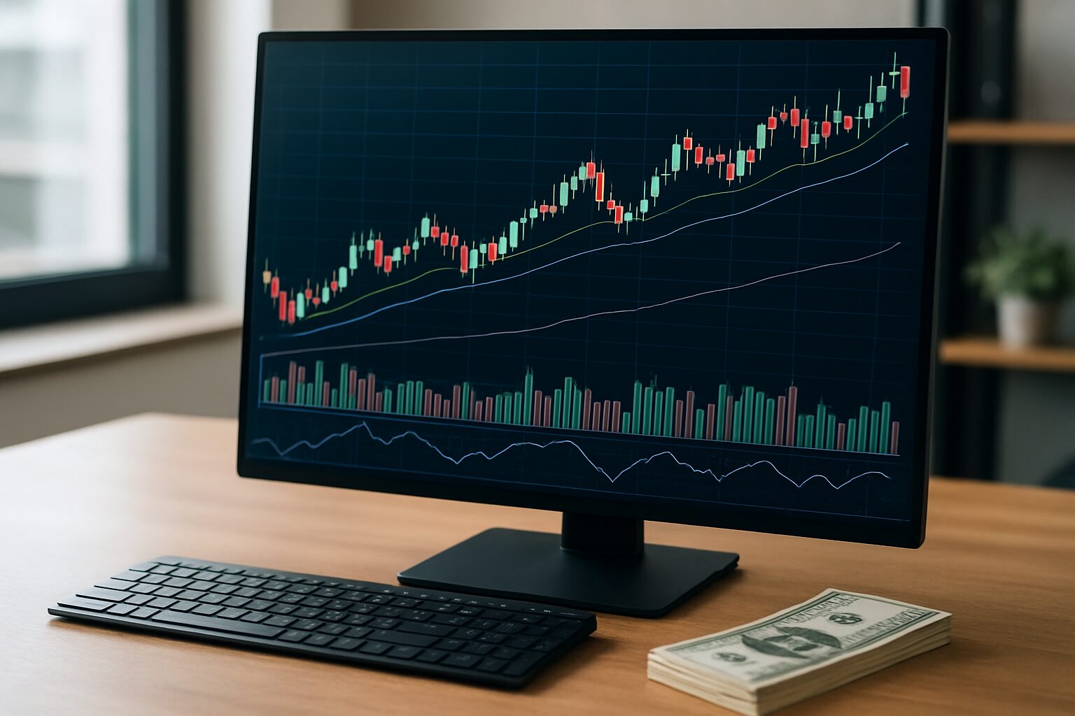A monitor displaying a financial chart with varying candlestick patterns and a dollar bill on a wooden table.