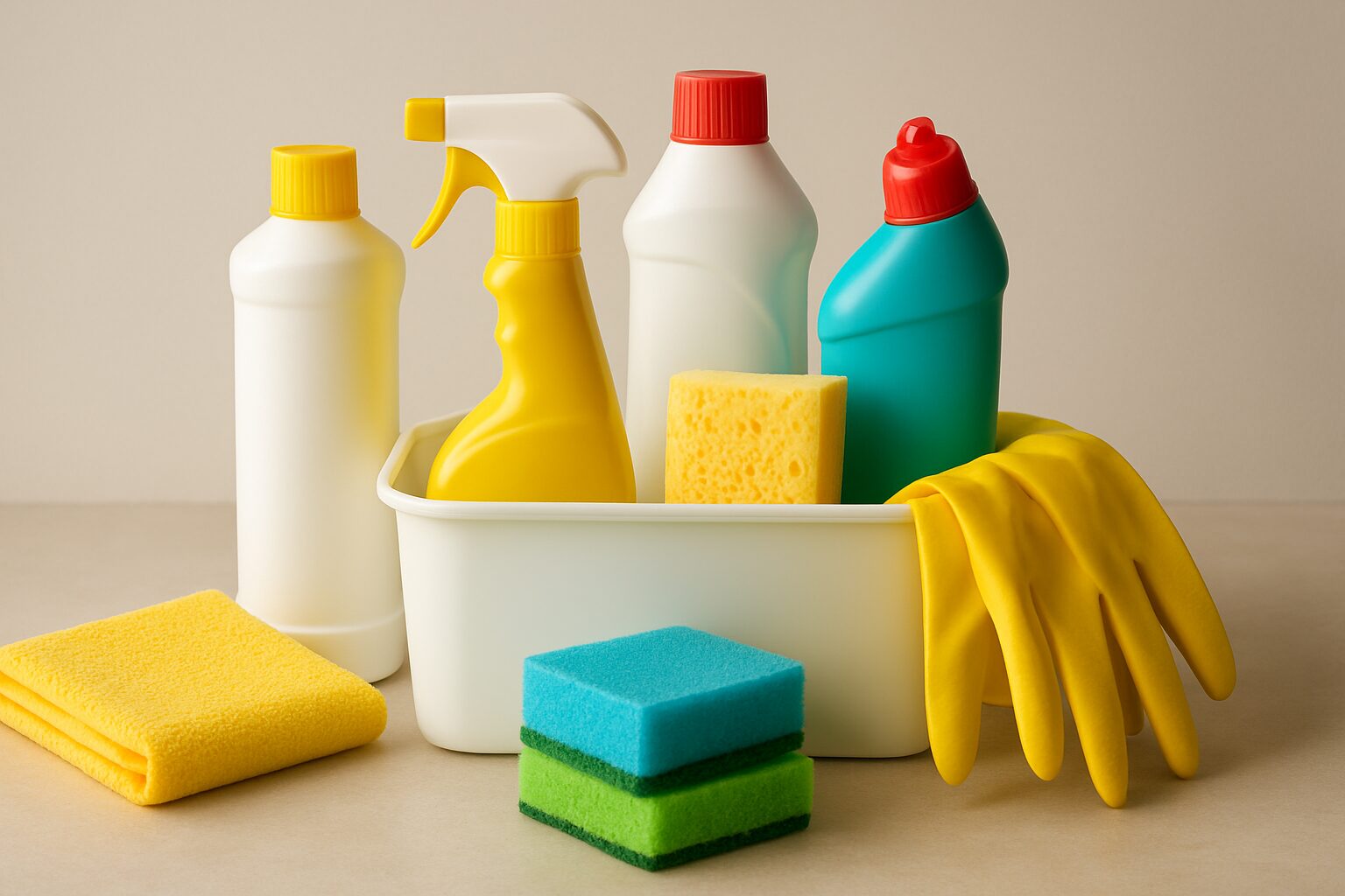 A variety of cleaning supplies including sponges, gloves, and bottles in a container, suitable for everyday cleaning tas